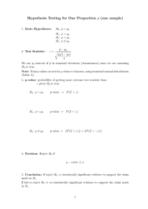 Hypothesis Testing for One Proportion p (one sample)
