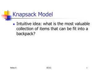 Knapsack Model Intuitive idea: what is the most valuable backpack?