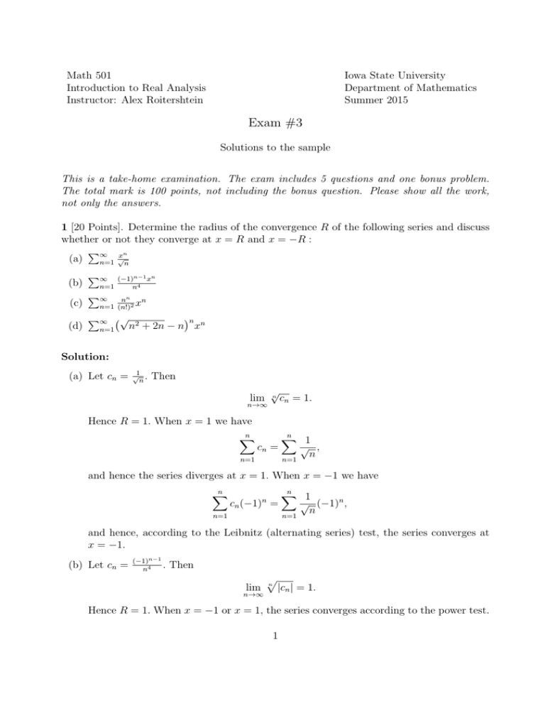 Math 501 Iowa State University Introduction to Real Analysis Department of Mathematics