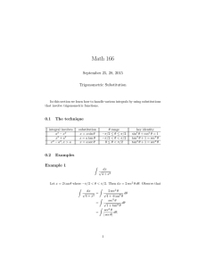 Math 166 September 25, 28, 2015 Trigonometric Substitution