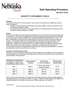 Safe Operating Procedure (Revised 12/15) BIOSAFETY CONTAINMENT LEVELS
