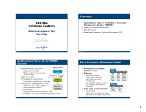 CSE 562 Database Systems Summary Relational Algebra/SQL