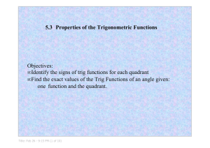 5.3 Properties of the Trigonometric Functions Objectives: Identify the signs of trig functions for each quadrant Find the exact values of the Trig Functions of an angle given: 