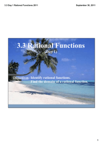3.3 Rational Functions (Day 1) Objectives: Identify rational functions. Find the domain of a rational function.