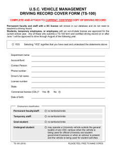U.S.C. VEHICLE MANAGEMENT DRIVING RECORD COVER FORM (TS-100)  CURRENT, CERTIFIED