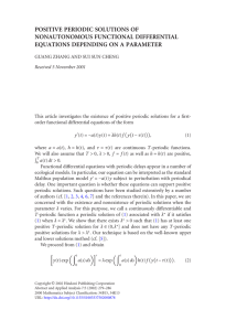 POSITIVE PERIODIC SOLUTIONS OF NONAUTONOMOUS FUNCTIONAL DIFFERENTIAL EQUATIONS DEPENDING ON A PARAMETER