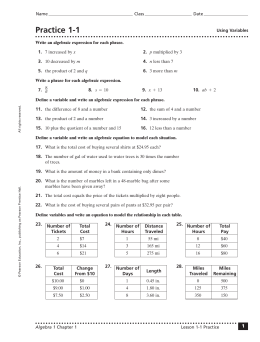 Writing and Evaluating Expressions Worksheet