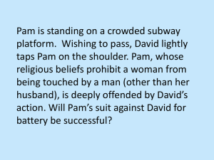 Pam is standing on a crowded subway