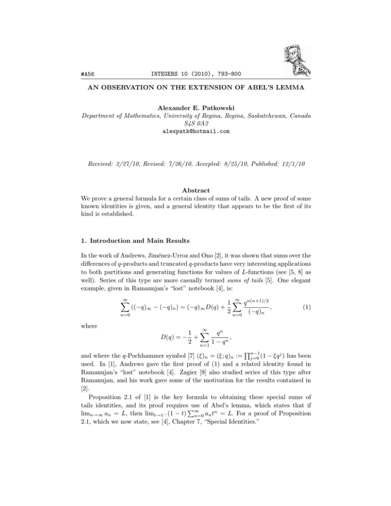INTEGERS 10 (2010), 793-800 #A56 Alexander E. Patkowski