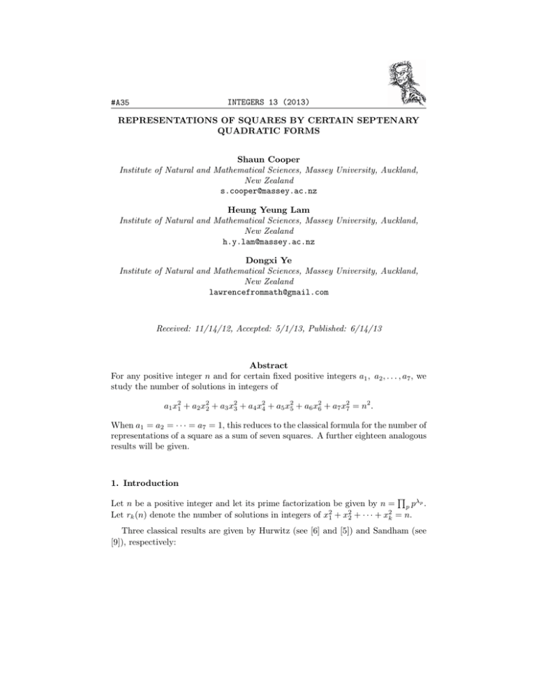 INTEGERS 13 (2013) #A35 REPRESENTATIONS OF SQUARES BY CERTAIN SEPTENARY QUADRATIC FORMS