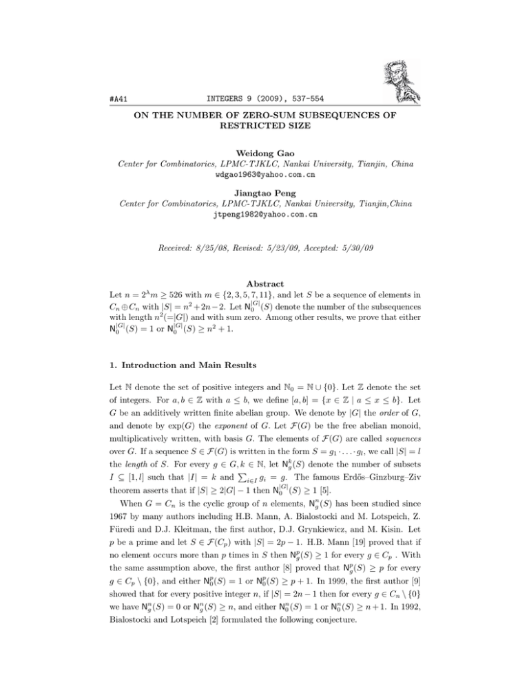 INTEGERS 9 (2009), 537-554 #A41 ON THE NUMBER OF ZERO-SUM SUBSEQUENCES OF