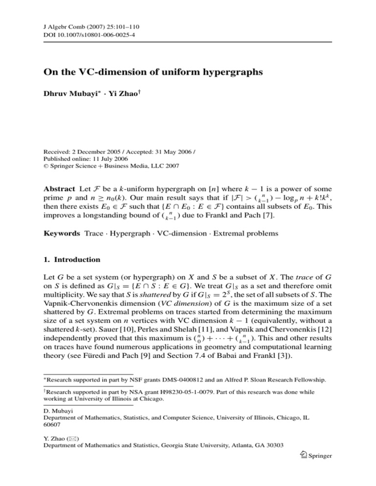 On the VC-dimension of uniform hypergraphs Dhruv Mubayi ·