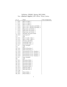 Syllabus, SM462, Spring 2015-2016 Text: Abstract Algebra, 2015 edition, Thmas Judson