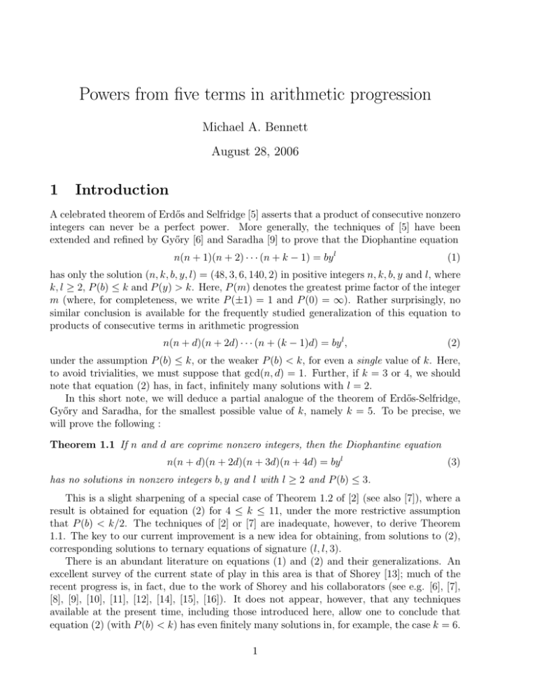 Powers from five terms in arithmetic progression 1 Introduction Michael A. Bennett