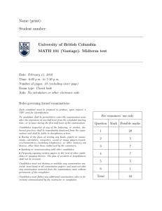 Name (print): Student number: University of British Columbia MATH 101 (Vantage): Midterm test