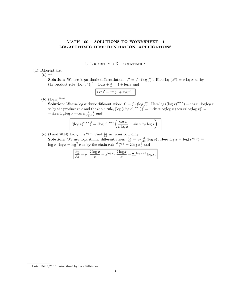 worksheet Product Rule Worksheet math 100 solutions to worksheet 11 logarithmic differentiation applications