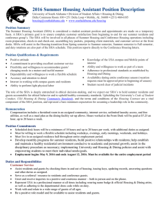 2016 Summer Housing Assistant Position Description  Position Summary