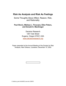 Risk As Analysis and Risk As Feelings and Rationality