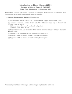 Introduction to Linear Algebra 2270-1 Sample Midterm Exam 3 Fall 2007