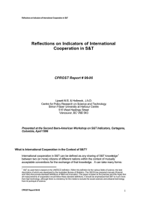 Reflections on Indicators of International Cooperation in S&amp;T CPROST Report # 96-06