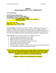 Syllabus Applied Algebra (MTH 115 S1, SPRING 2015)  Cleveland State University