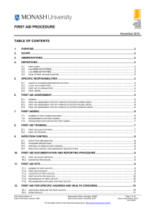 FIRST AID PROCEDURE TABLE OF CONTENTS November 2015