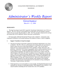 Administrator’s Weekly Report Governance March 6 - 12, 2004