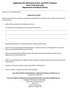 Application for Admission to M.A. and Ph.D. Programs Texas Tech University