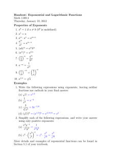 Handout: Exponential and Logarithmic Functions Math 1100-4 Thursday, January 19, 2012