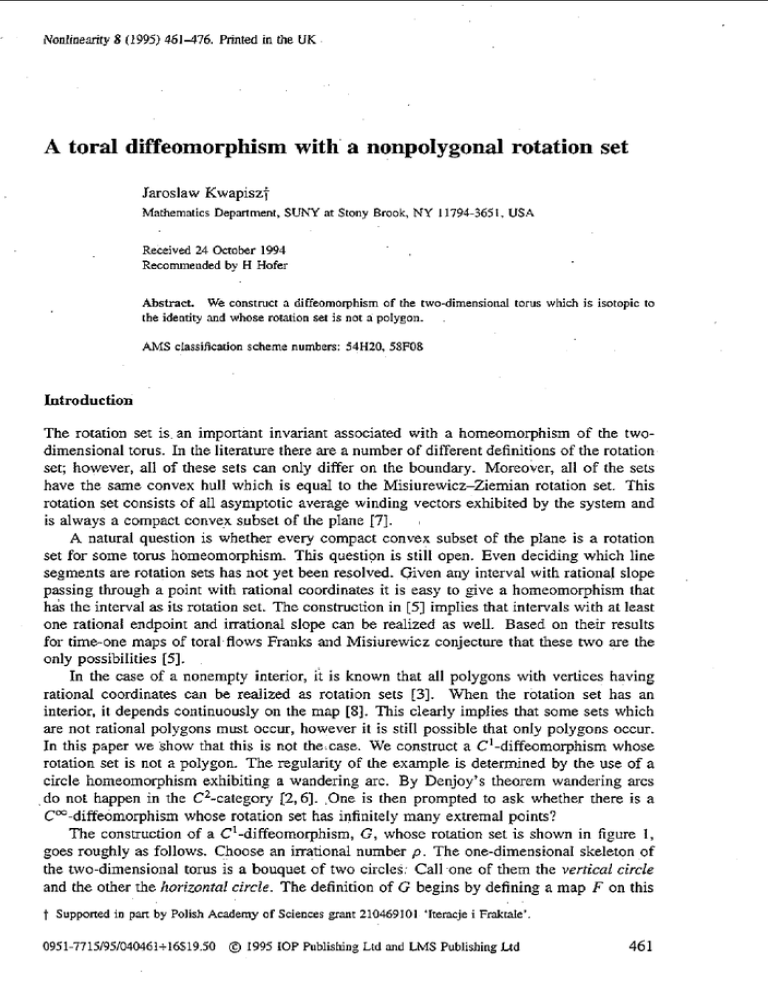 A toral diffeomorphism with a nonpolygonal rotation set Jaroslaw Kwapiszt NY