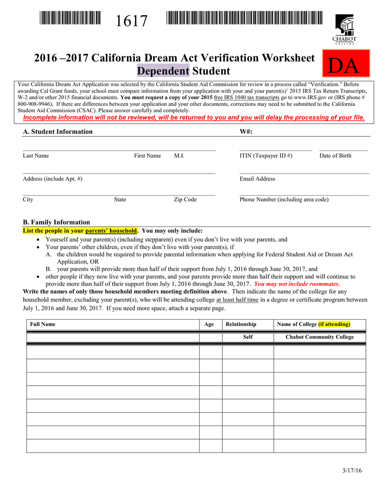 Free Worksheet Independent Verification Worksheet verification worksheet dependent student rringband 2016 california dream act dependent