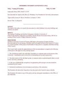 EDINBORO UNIVERSITY OF PENNSYLVANIA  Policy:  Naming Of Facilities Policy No. E003
