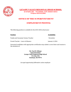 LENAPE VALLEY REGIONAL HIGH SCHOOL  OFFICE OF THE SUPERINTENDENT EMPLOYMENT POSTING