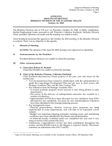 APPROVED MINUTES OF MEETING BERKELEY DIVISION OF THE ACADEMIC SENATE October 24, 2002