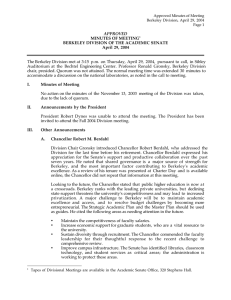 APPROVED MINUTES OF MEETING BERKELEY DIVISION OF THE ACADEMIC SENATE April 29, 2004