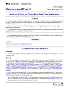 Memorandum D11-4-16 Advance Rulings for Origin Under Free Trade Agreements In Brief