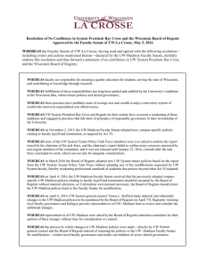 Resolution of No Confidence in System President Ray Cross and... Approved by the Faculty Senate of UW-La Crosse, May 5,...