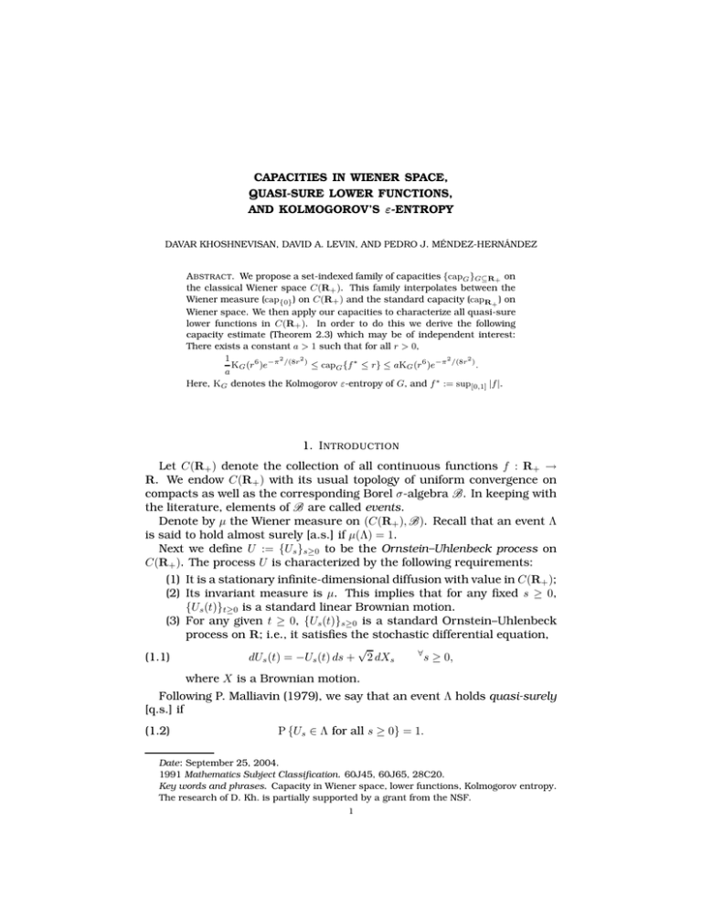 CAPACITIES IN WIENER SPACE, QUASI-SURE LOWER FUNCTIONS, AND KOLMOGOROV’S ε