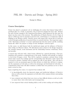 PHL 391 – Darwin and Design – Spring 2013 Course Description