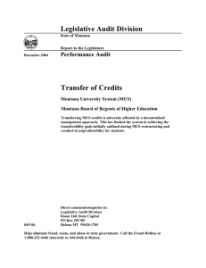 Legislative Audit Division Transfer of Credits Performance Audit Montana University System (MUS)