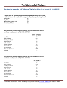 The Winthrop Poll Findings Questions for September 2007 Winthrop/ETV Poll of African Americans in SC: HORSE RACE