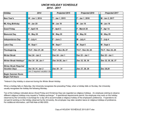 UNCW HOLIDAY SCHEDULE 2014 - 2017