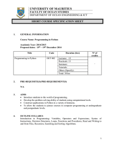 UNIVERSITY OF MAURITIUS FACULTY OF OCEAN STUDIES SHORT COURSE SPECIFICATION SHEET