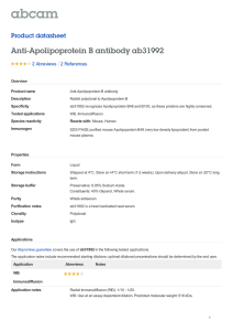 Anti-Apolipoprotein B antibody ab31992 Product datasheet 2 Abreviews Overview