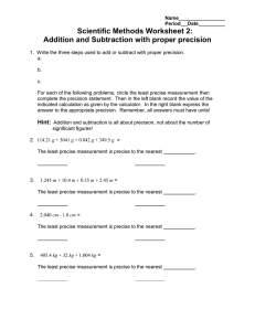 Scientific Methods Worksheet 2: Addition and Subtraction with proper precision