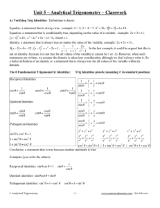 Unit 5 – Analytical Trigonometry – Classwork ( )