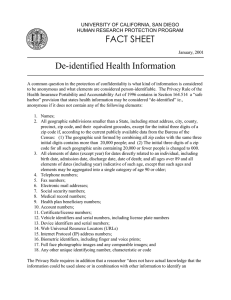 FACT SHEET De-identified Health Information UNIVERSITY OF CALIFORNIA, SAN DIEGO