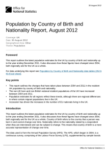 Population by Country of Birth and Nationality Report, August 2012 Foreword