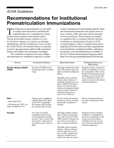 T Recommendations for Institutional Prematriculation Immunizations ACHA Guidelines