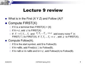Lecture 9 review  Compute FIRST(X)